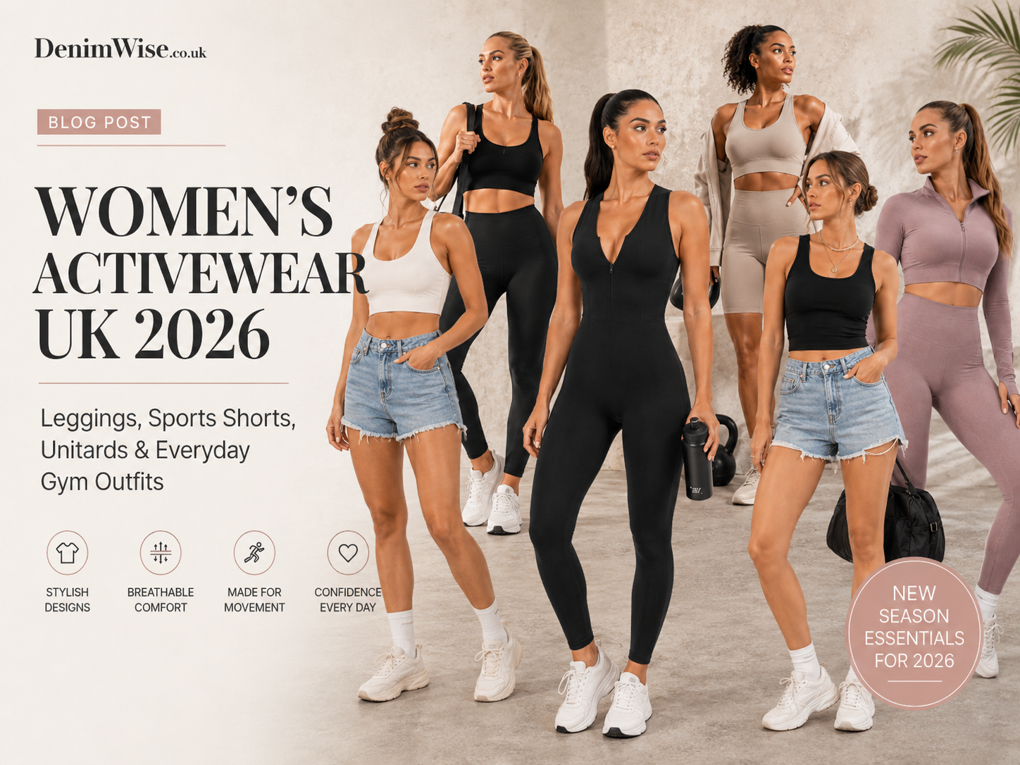 Women’s activewear UK 2026 style guide featuring leggings, denim shorts, unitards and everyday gym outfits from DenimWise.