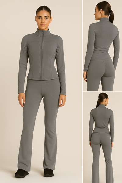 Grey Zip Front Gym Jacket And Flare Trouser Set (PACK OF SIX)