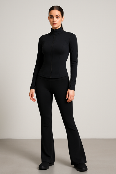 BLACK Zip Front Gym Jacket And Flare Trouser Set (PACK OF SIX)