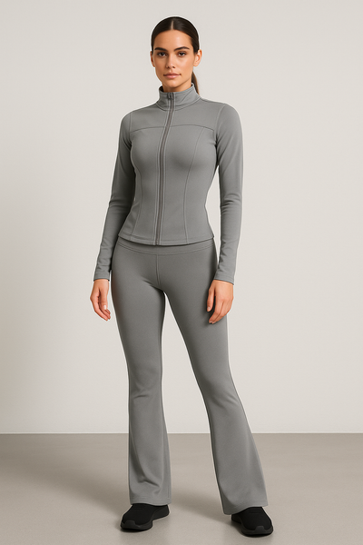 Grey Zip Front Gym Jacket And Flare Trouser Set (PACK OF SIX)