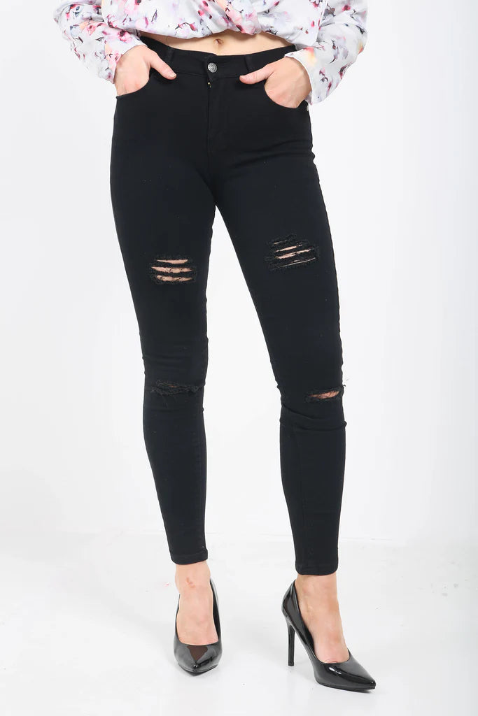LADIES KNEE CUT HIGH WAISTED JEANS