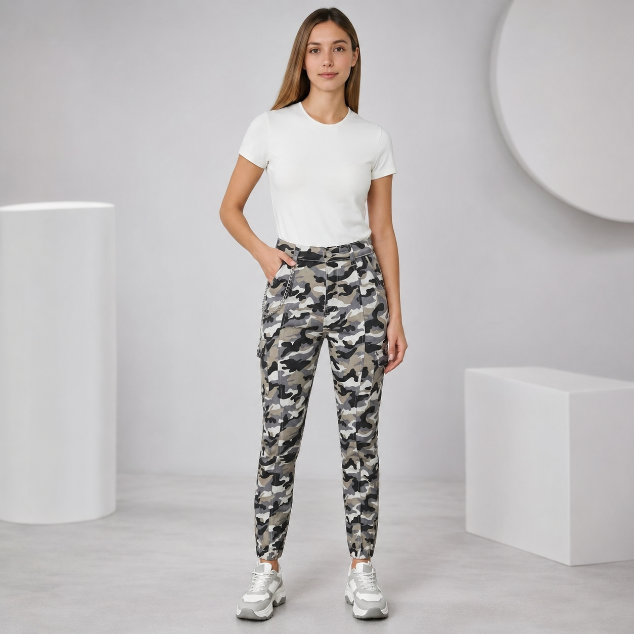 Women’s Denim Cargo Jeans with Chain Detail