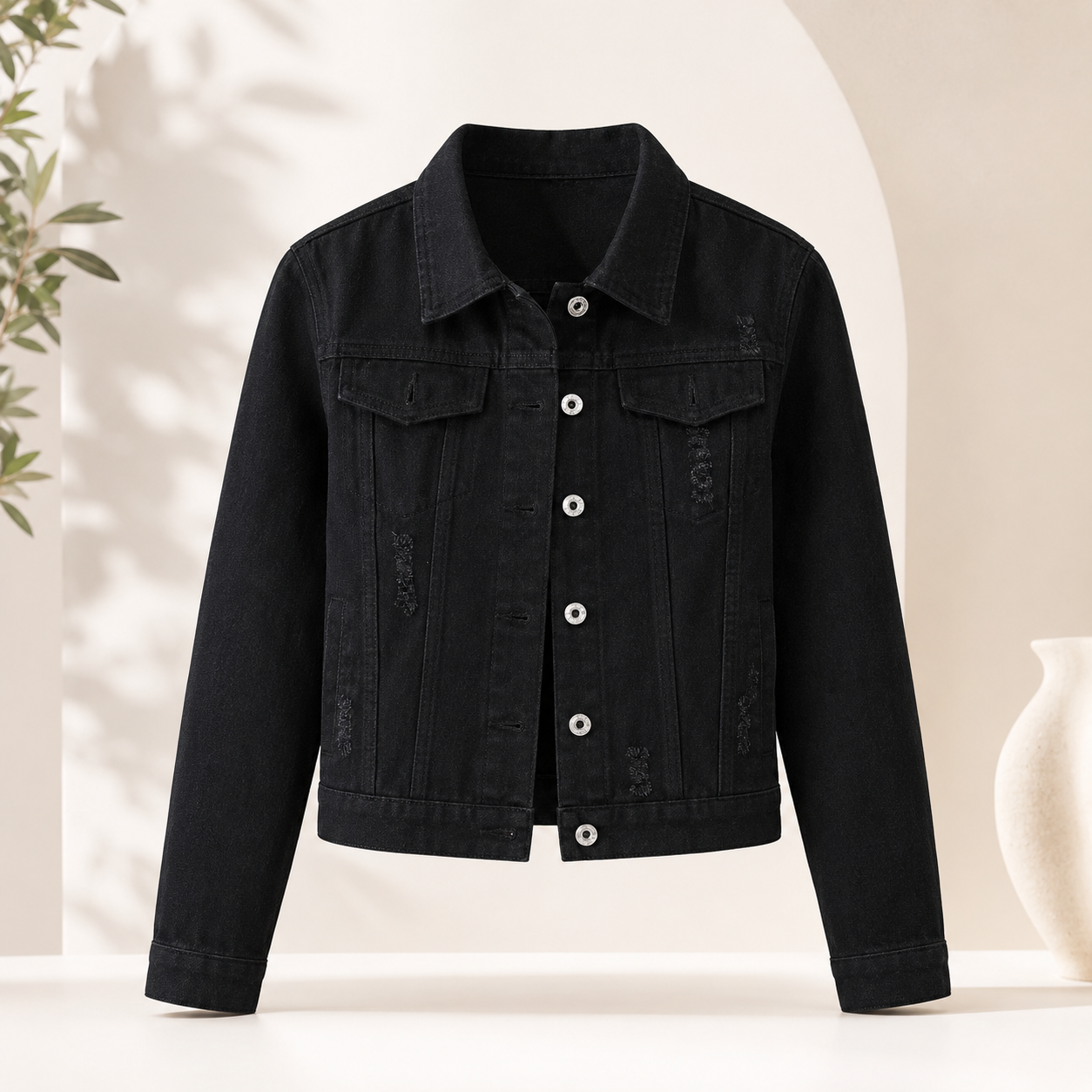 Women’s Distressed Denim Jacket – Cropped Jean Jacket