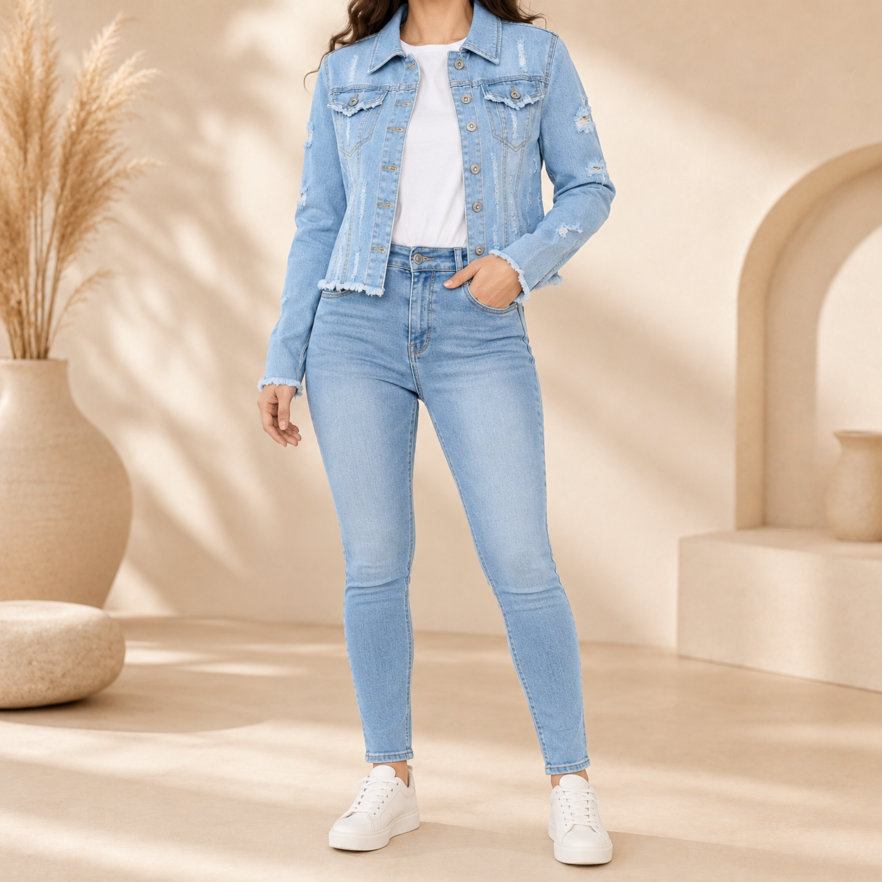 Women’s Distressed Denim Jacket – Cropped Jean Jacket