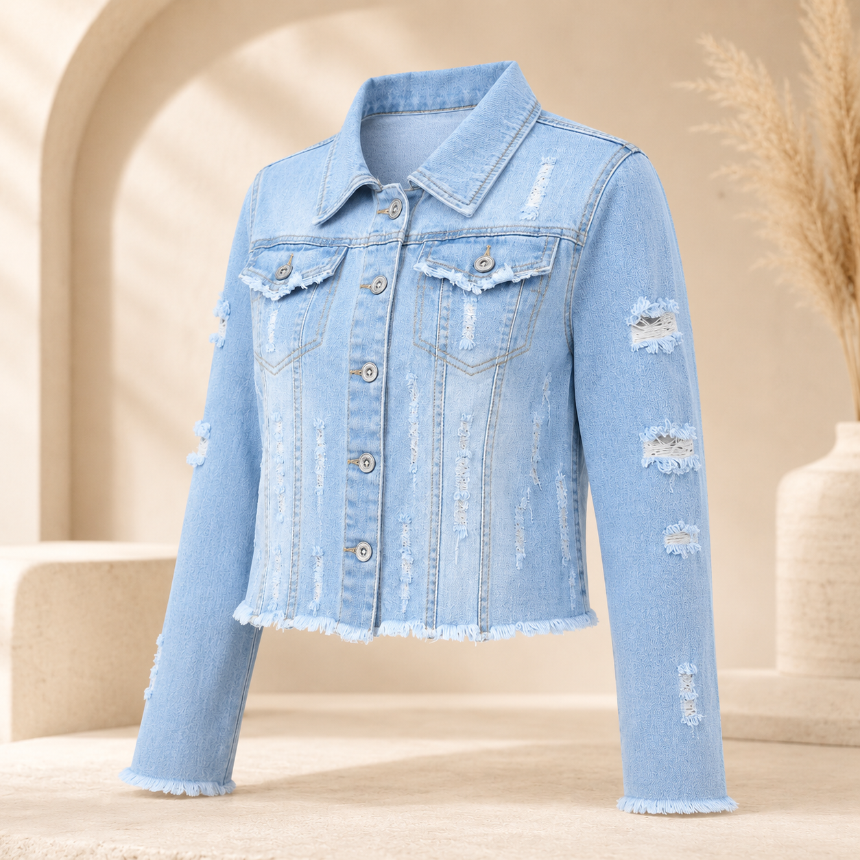 Women’s Distressed Denim Jacket – Cropped Jean Jacket
