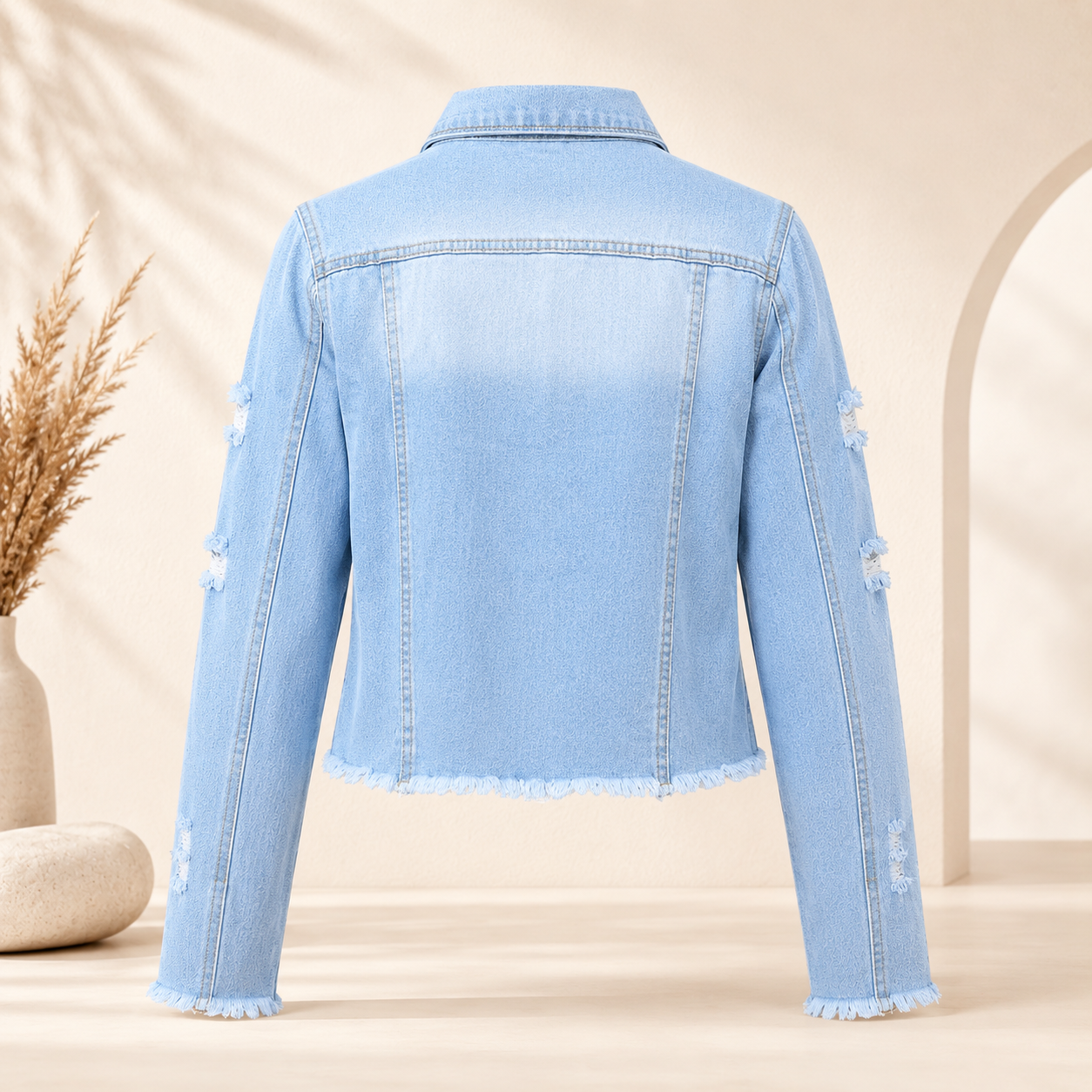 Women’s Distressed Denim Jacket – Cropped Jean Jacket