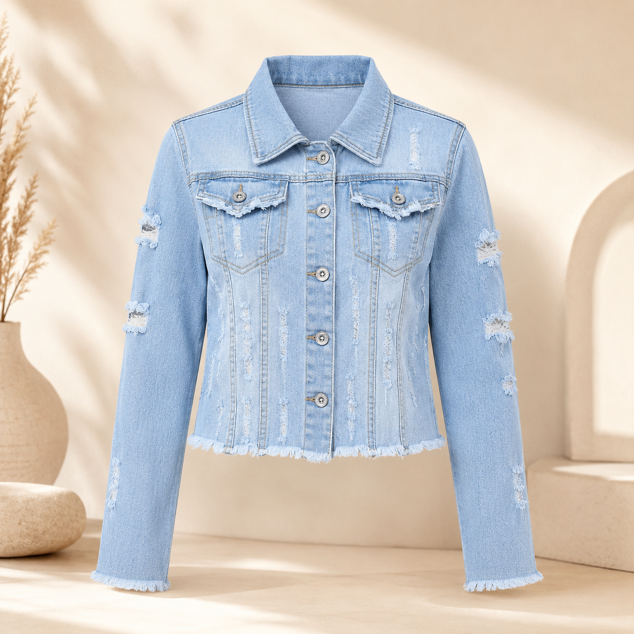 Women’s Distressed Denim Jacket – Cropped Jean Jacket