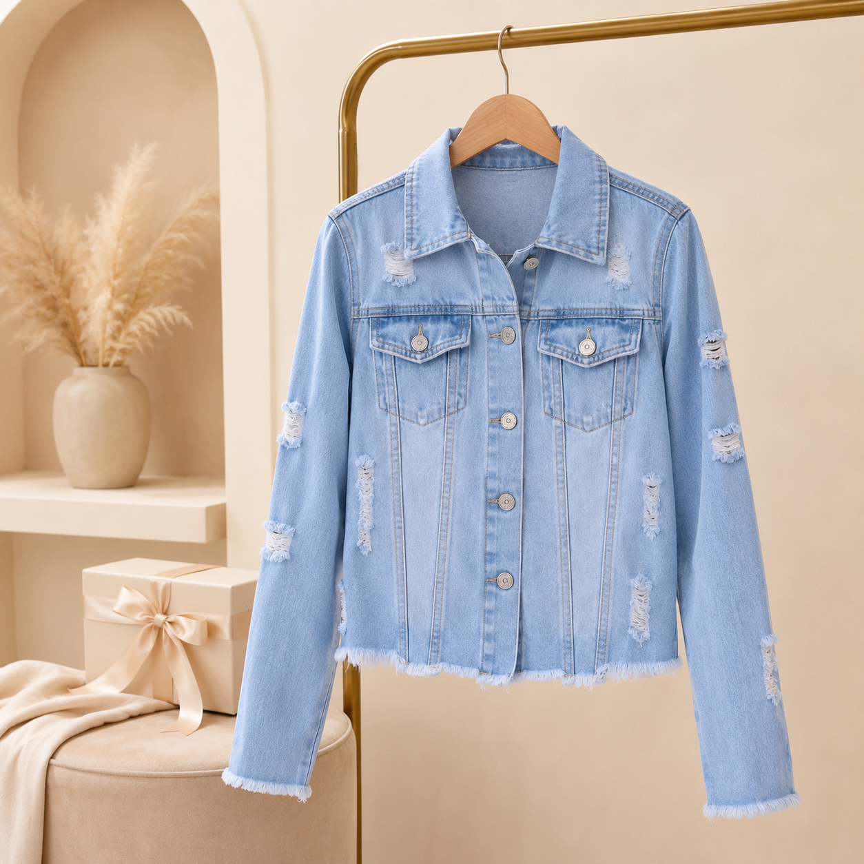 Women’s Distressed Denim Jacket – Cropped Jean Jacket