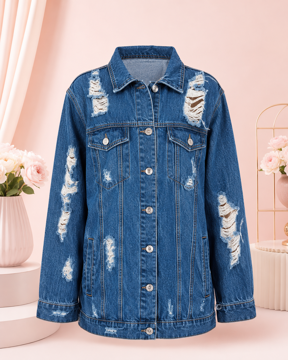 Women’s Longline Distressed Denim Jacket