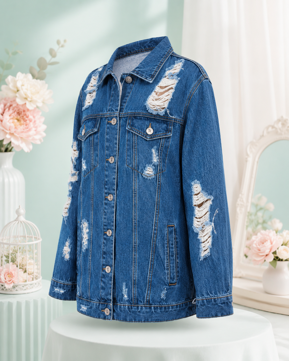 Women’s Longline Distressed Denim Jacket