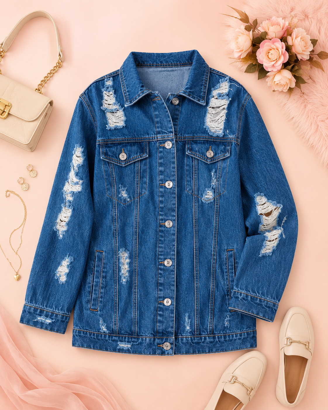 Women’s Longline Distressed Denim Jacket