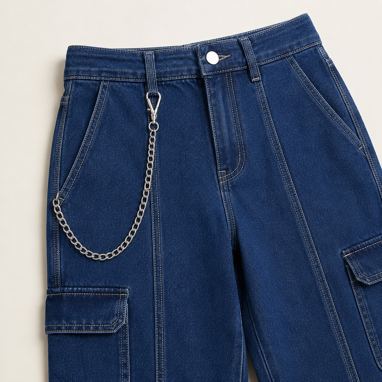 Women’s Denim Cargo Jeans with Chain Detail