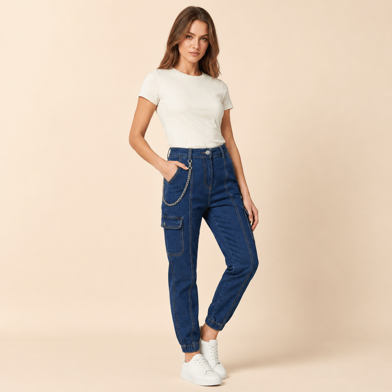 Women’s Denim Cargo Jeans with Chain Detail