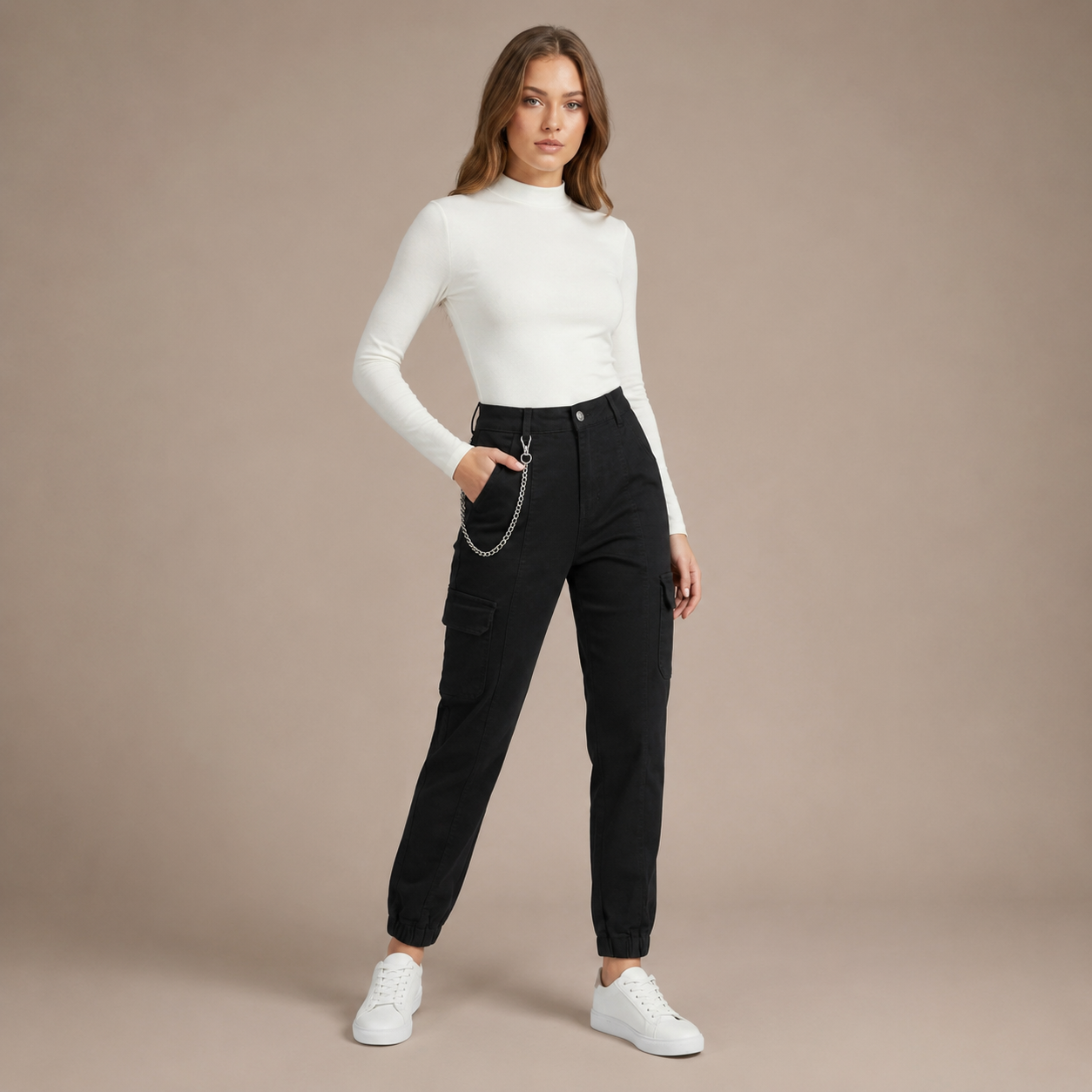 Women’s Denim Cargo Jeans with Chain Detail
