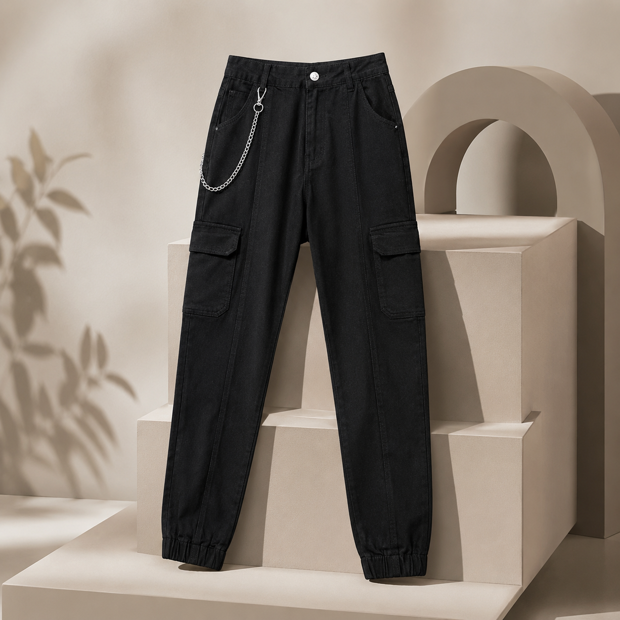 Women’s Denim Cargo Jeans with Chain Detail