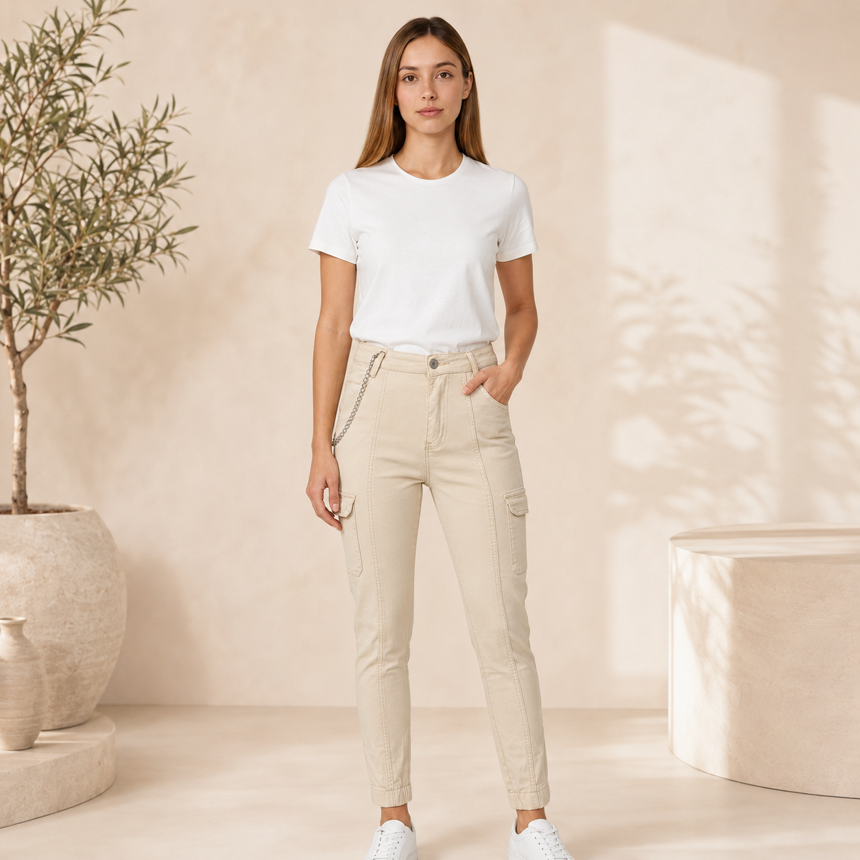 Women’s Denim Cargo Jeans with Chain Detail