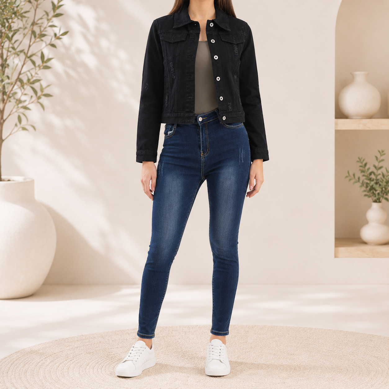 Women’s Distressed Denim Jacket – Cropped Jean Jacket