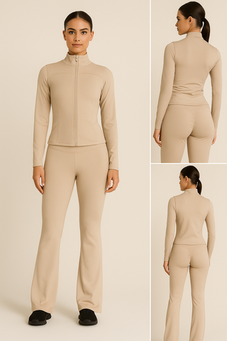 Beige Zip Front Gym Jacket And Flare Trouser Set (PACK OF SIX)