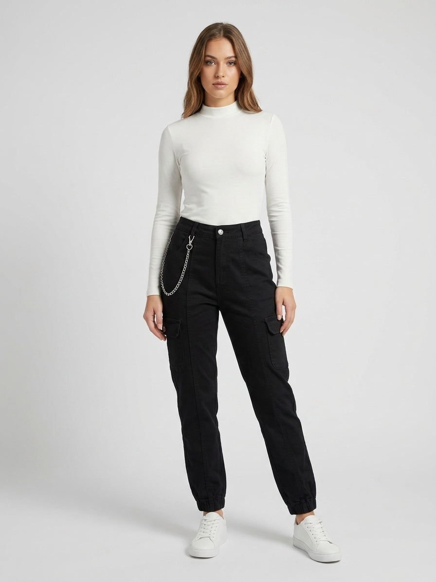 Denim Cargo Pants with Chain Detail - Black