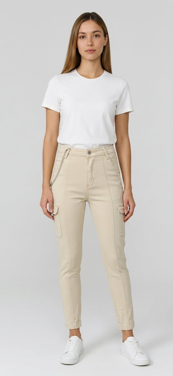 Denim Cargo Jeans with Chain - Light Beige