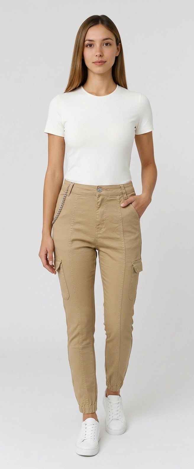 Denim Cargo Jeans with Chain - Beige