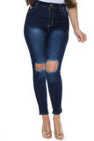 Blue Denim Skinny Jeans in a High Waisted fit with ripped front details