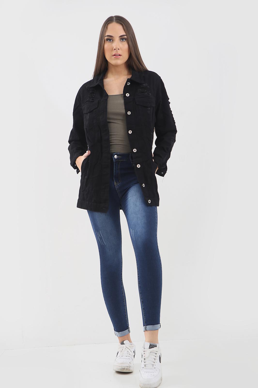 Distressed Long Denim Jacket For Women