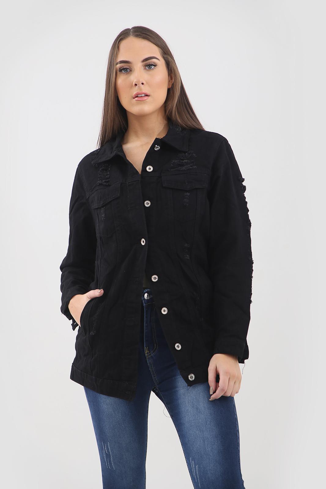 Distressed Long Denim Jacket For Women