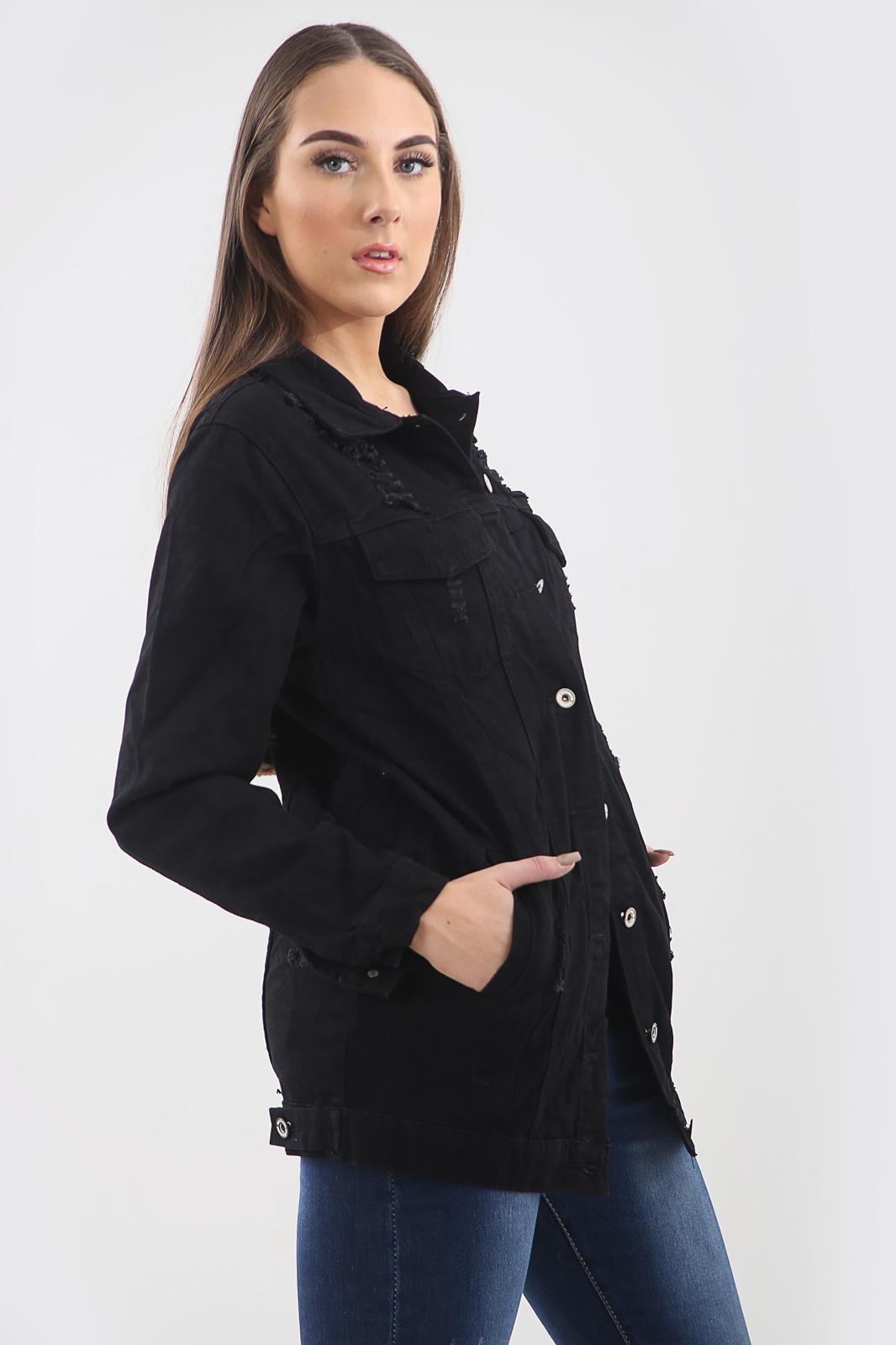 Distressed Long Denim Jacket For Women