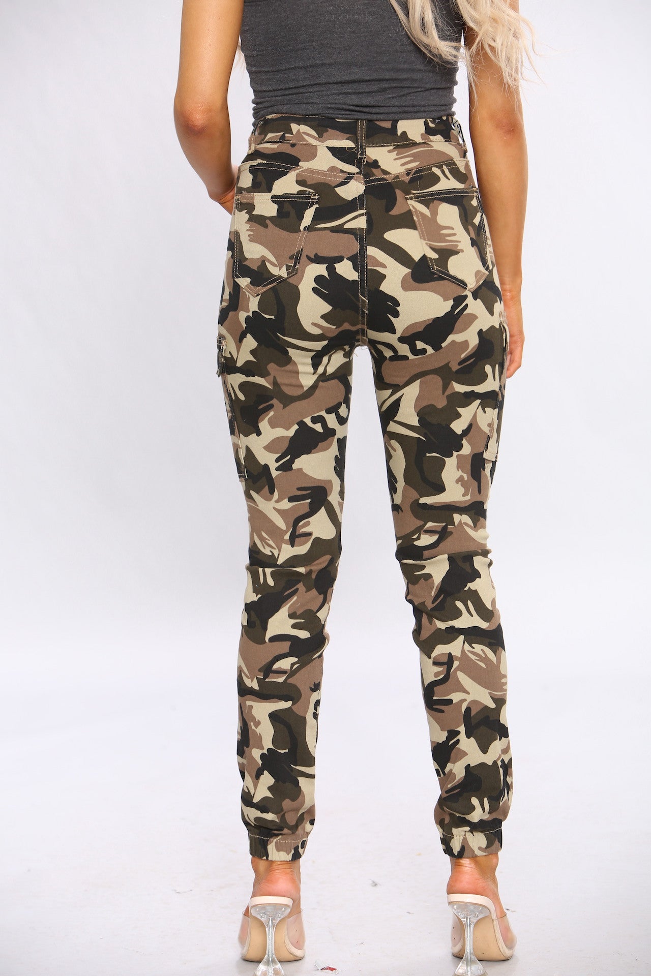 Khaki Camo Print Cargo Pants