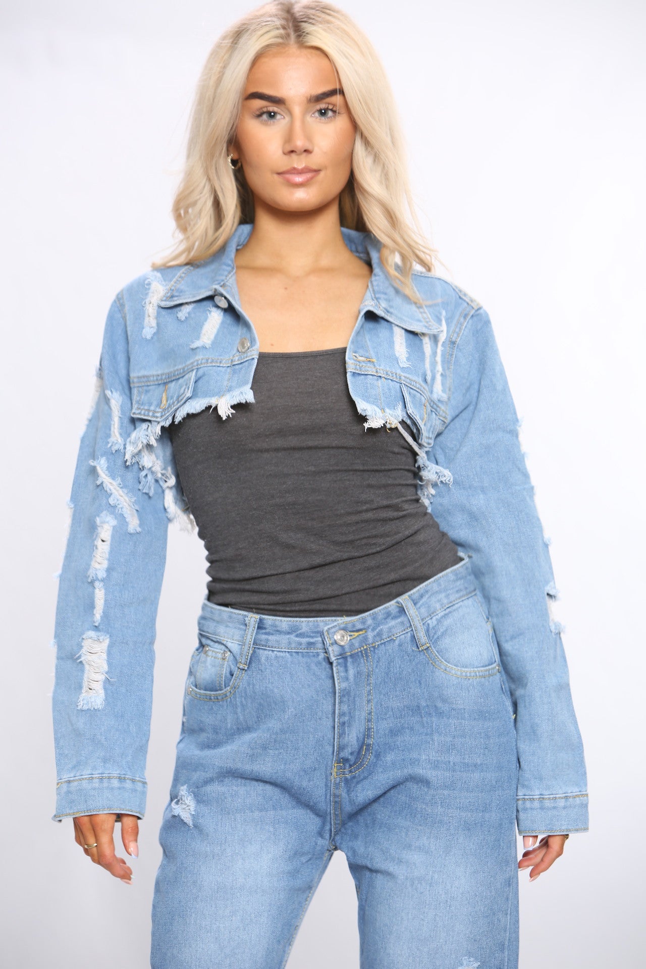 Distressed Short Denim Jacket For Women