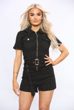 Black Zip Front Short Sleeve Stretch Denim Playsuit
