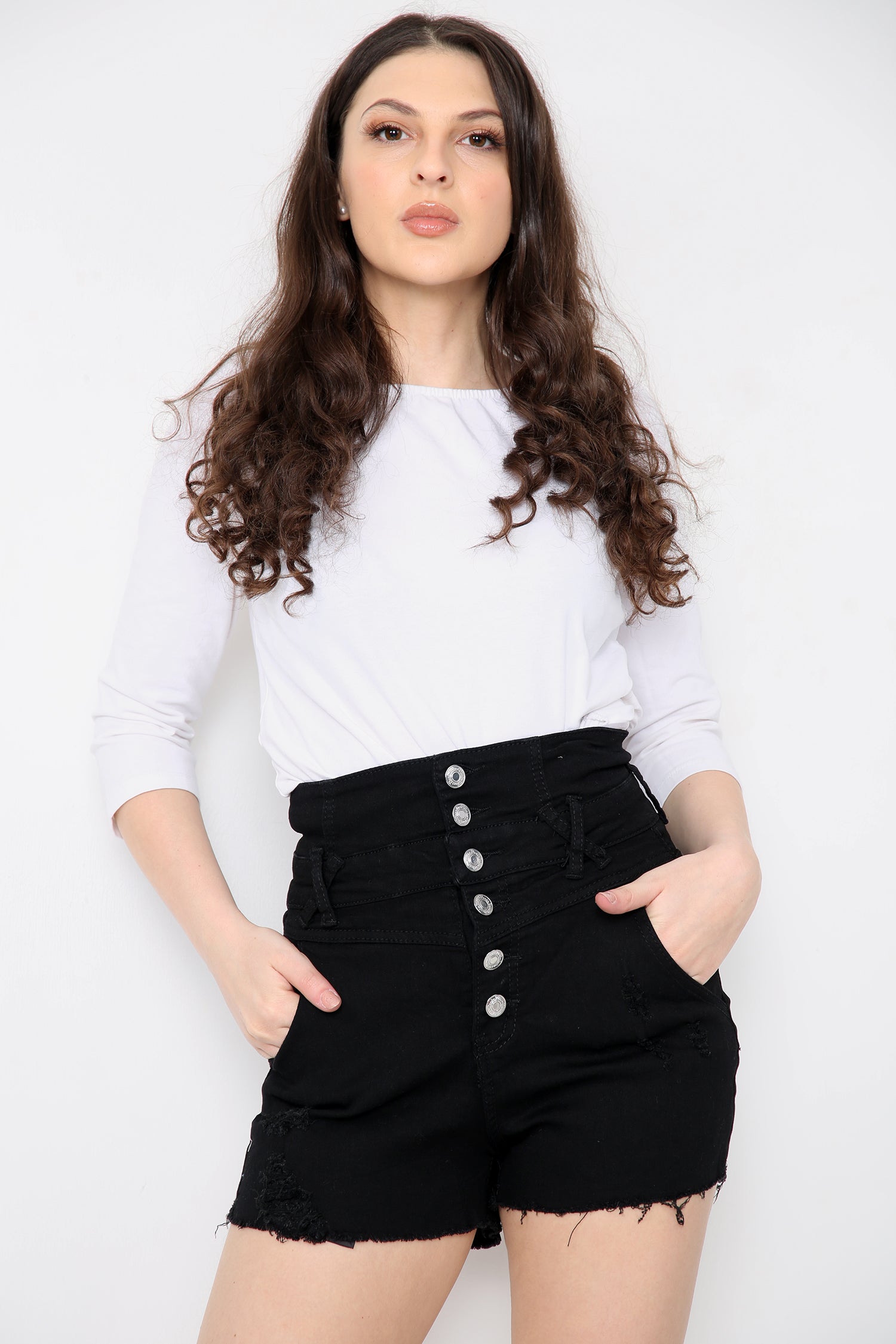 Buttons Distressed High Waisted Denim Shorts For Women