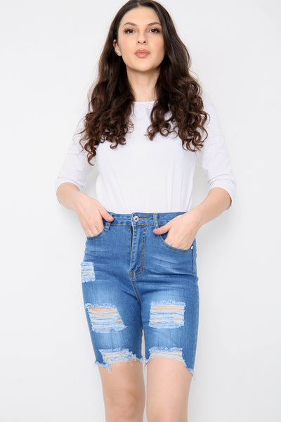 Blue High Waisted Long Denim Shorts