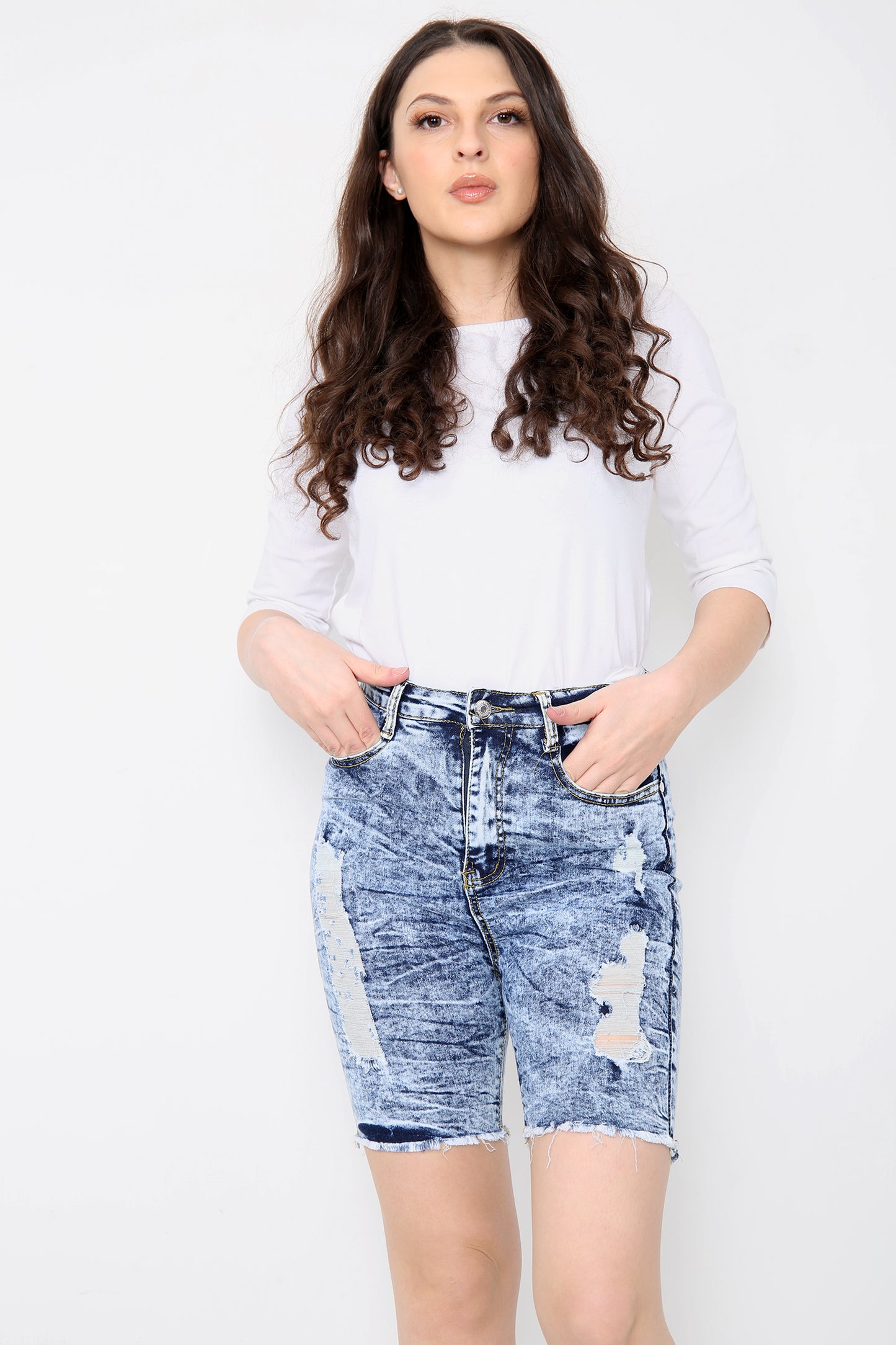 High Waisted Acid Wash Long Denim Shorts For Women