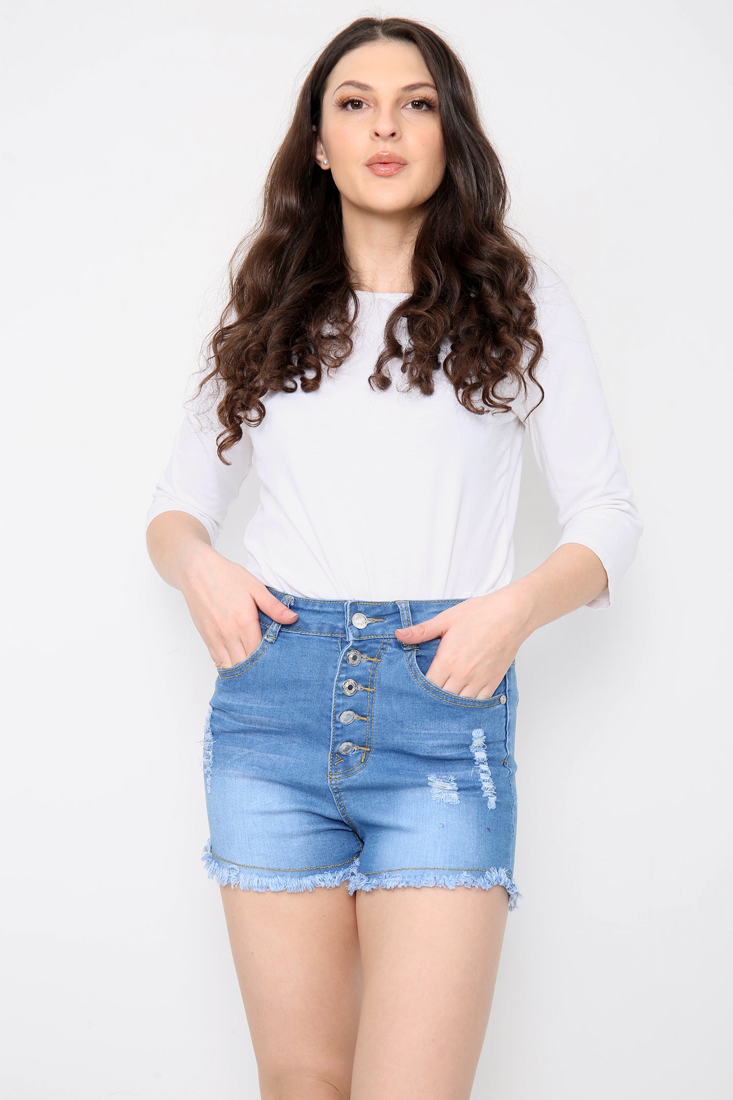 Buttons Distressed High Waisted Denim Shorts For Women