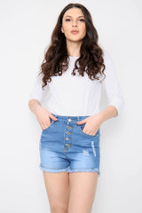 Buttons Distressed High Waisted Denim Shorts For Women