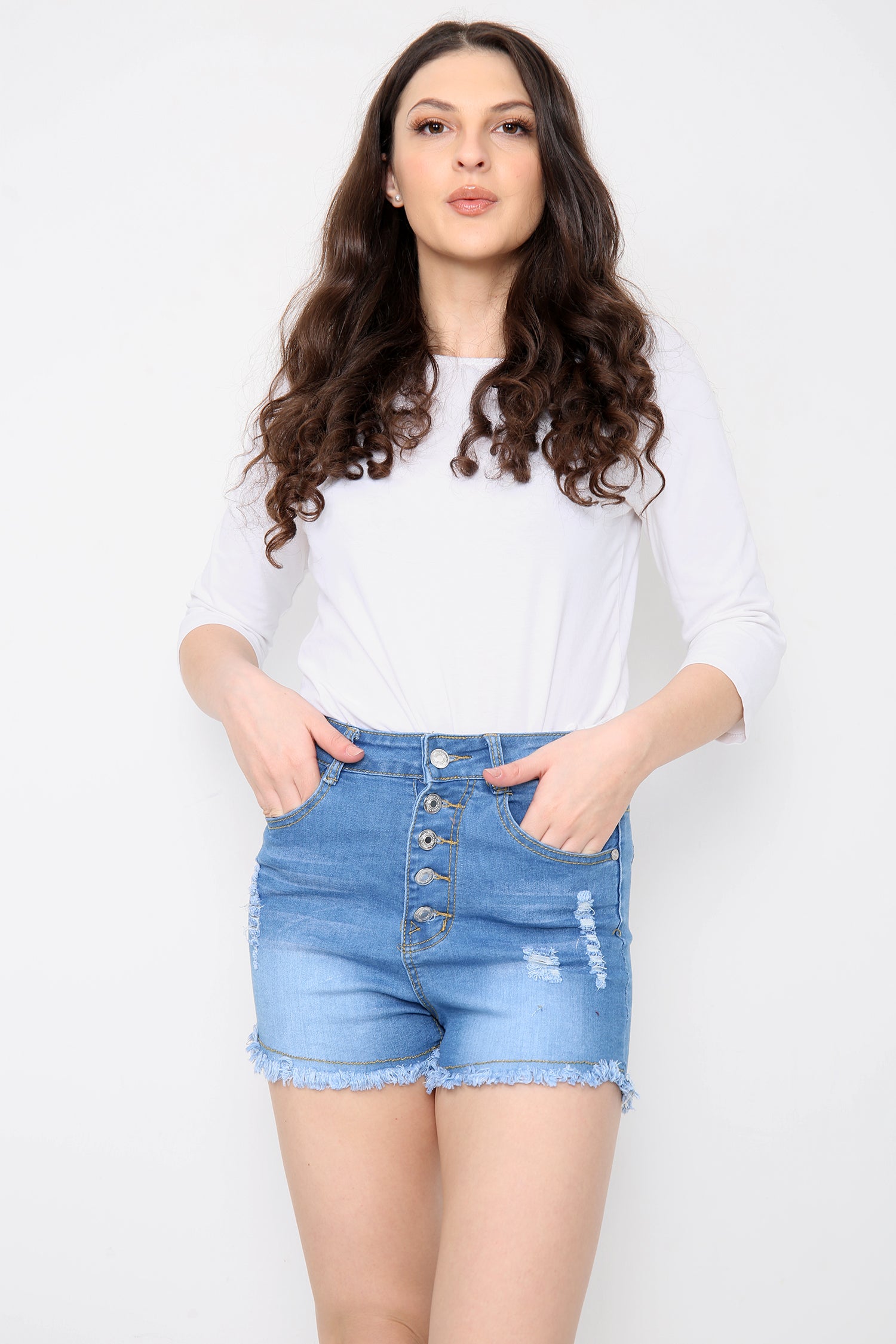 Buttons Distressed High Waisted Denim Shorts For Women
