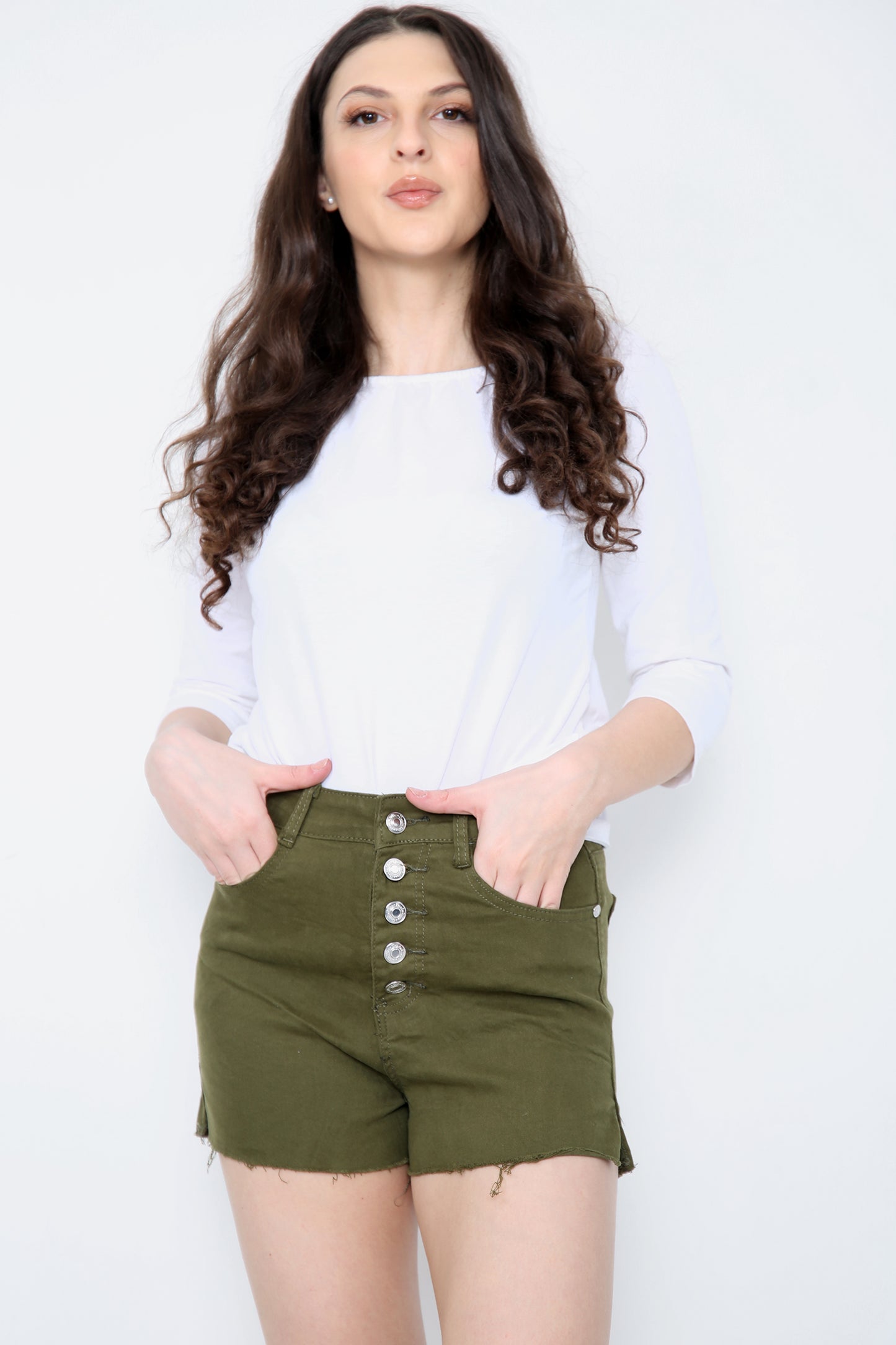 Buttons Distressed High Waisted Denim Shorts For Women