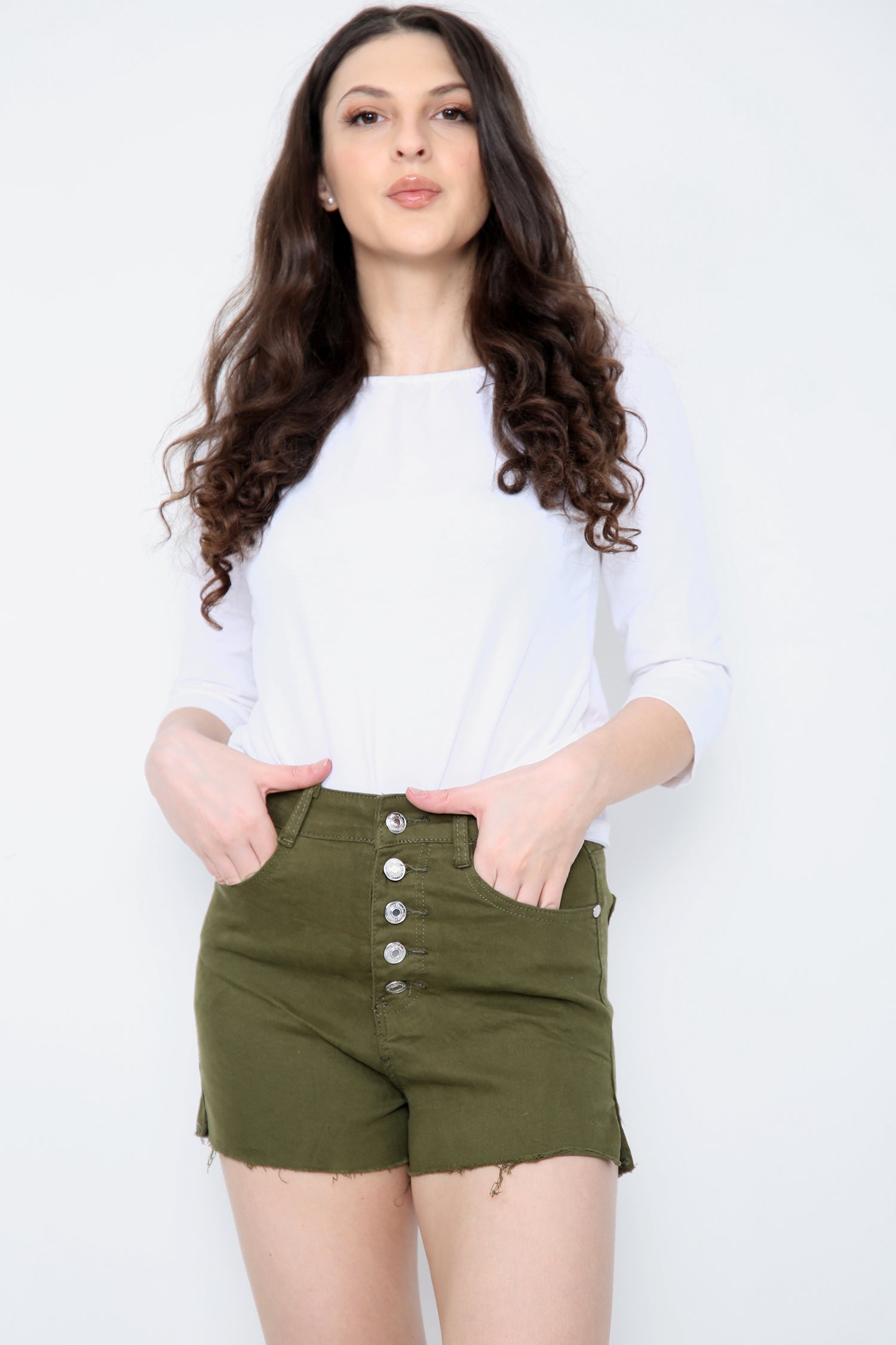 Buttons Distressed High Waisted Denim Shorts For Women