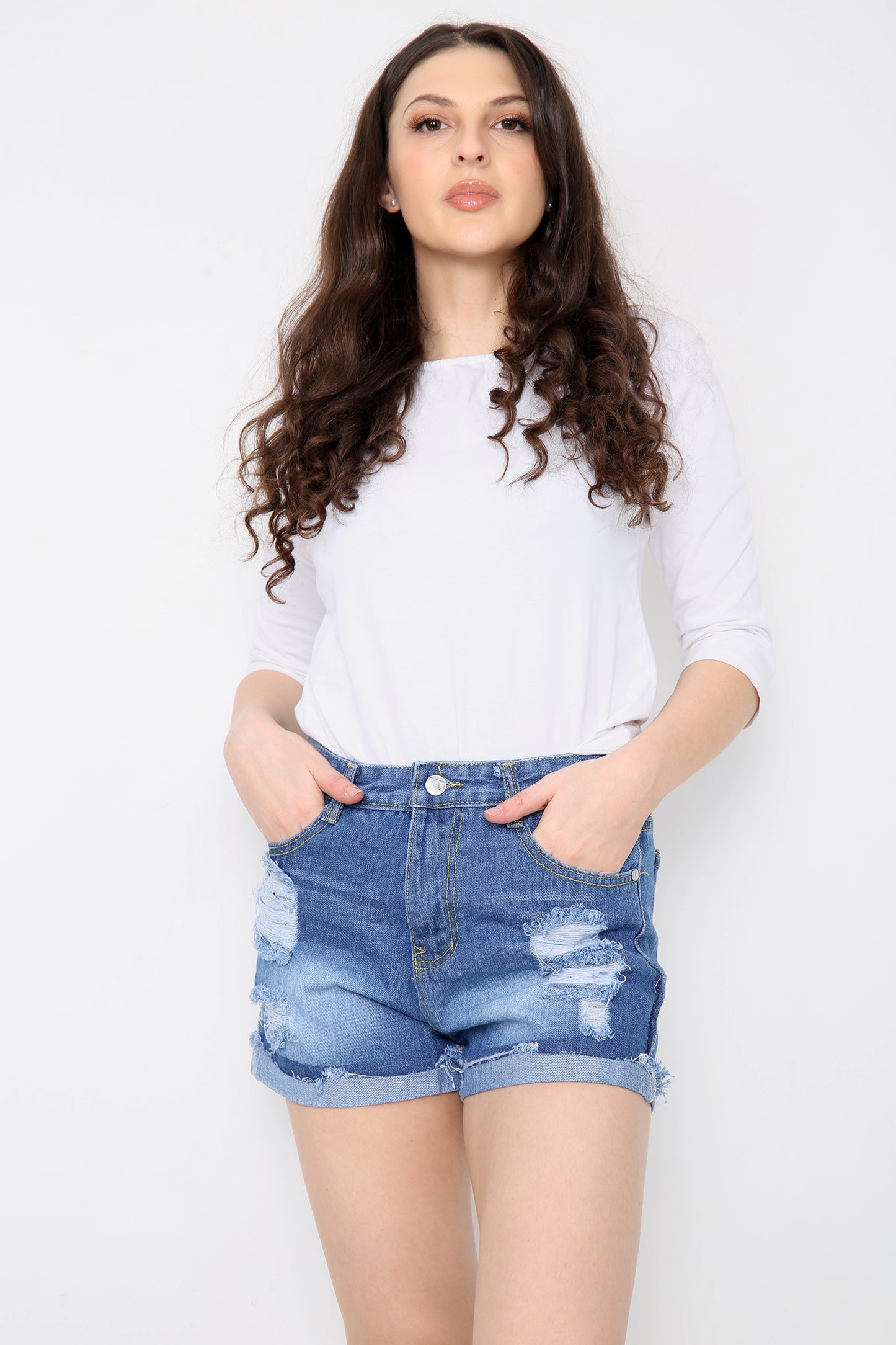 Distressed High Waisted Denim Buttom Folded Shorts