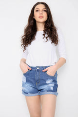 Distressed High Waisted Denim Buttom Folded Shorts